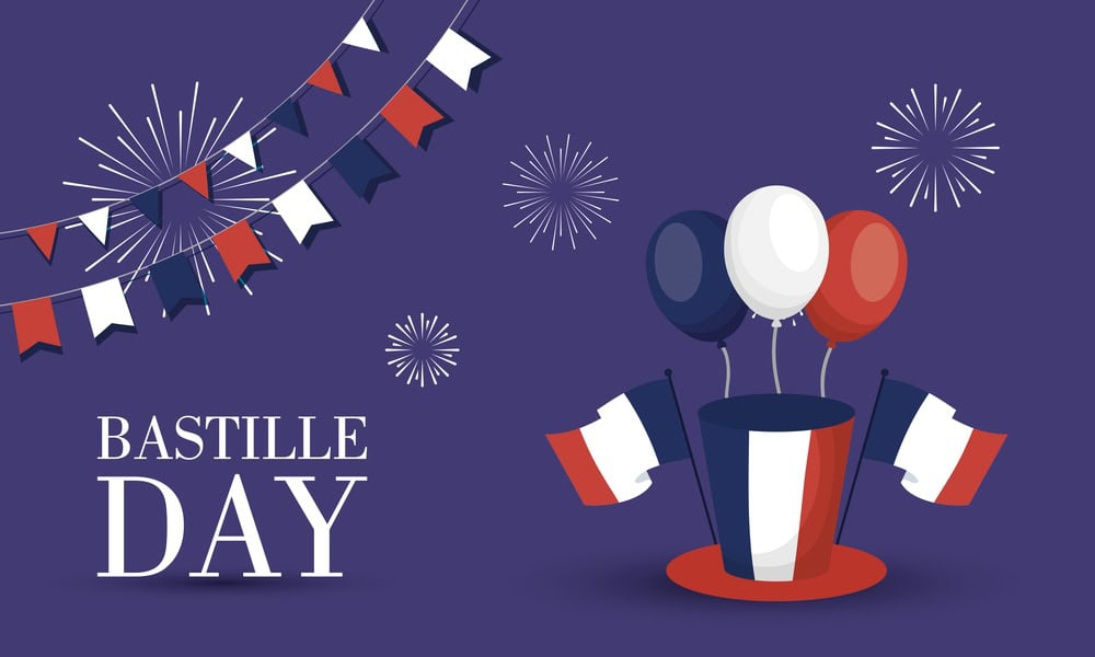French National Day 14th of July Happy Bastille Day with balloons helium and tophat