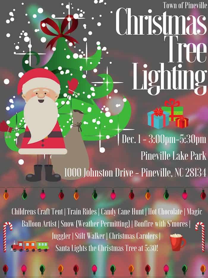 Town of Pineville Christmas Tree Lighting train rides, candy cane hunt, bonfire, stilt walker