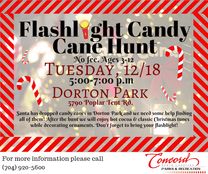 Flashlight Candy Cane Hunt at Dorton Park in Concord Charlotte On The