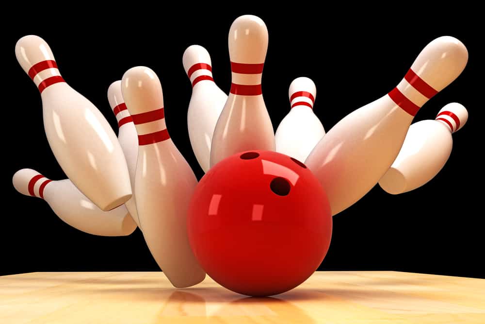 Illustration of a red bowling bowl knocking over 10 bowling pins