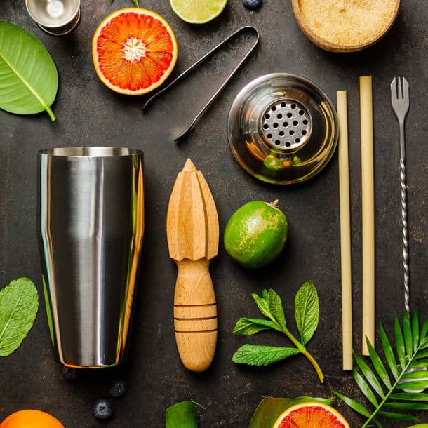 Cocktail Making Bar Tools Shaker Tropical Fruits And Leaves On A Dark Background Top View Cocktail Making Bar Tools Shaker Tropical Fruits And L