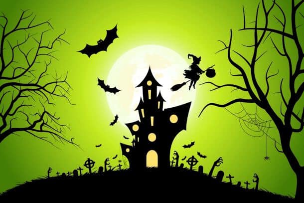 Halloween Background With Witch And Haunted House Bats Moon And Spider Halloween Background With Whitch And Haunted House