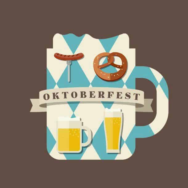 Oktoberfest Icon Oktoberfest Logo Concept Silhouette Mugs Of Beer In The Colors Of The Bavarian Flag Icons With Traditional Snacks For Beer