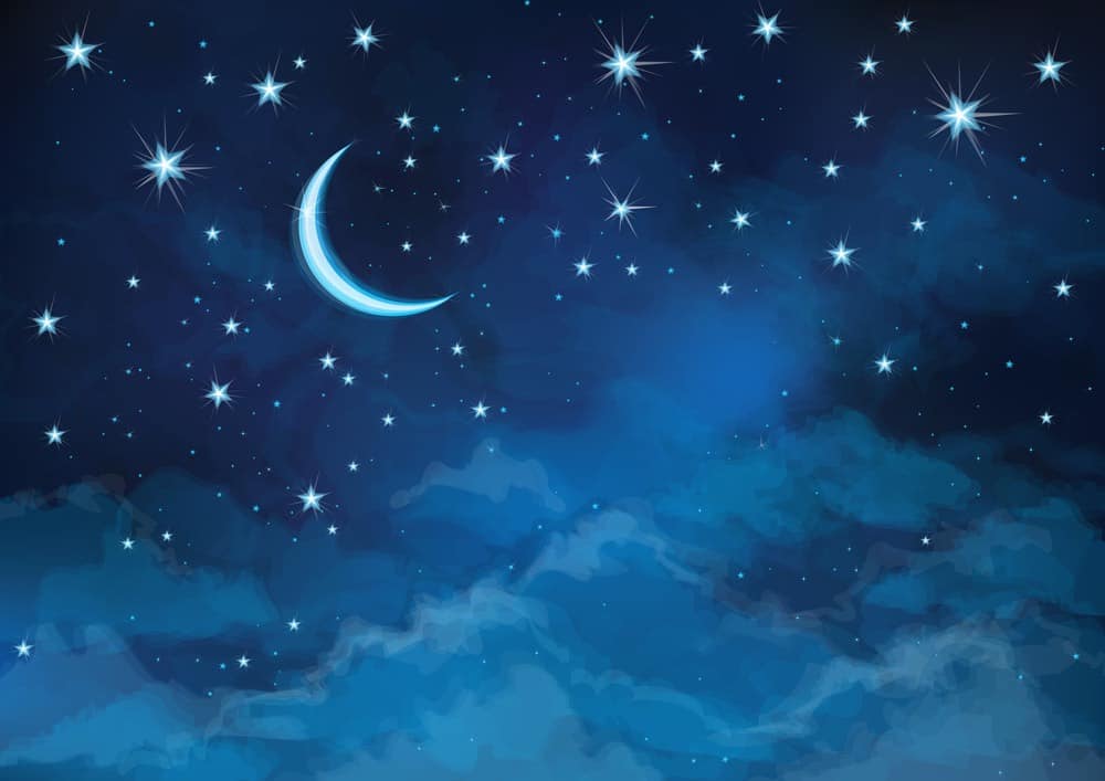 illustration of night sky with crescent moon and stars