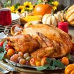 Thanksgiving dinner featuring roasted turkey