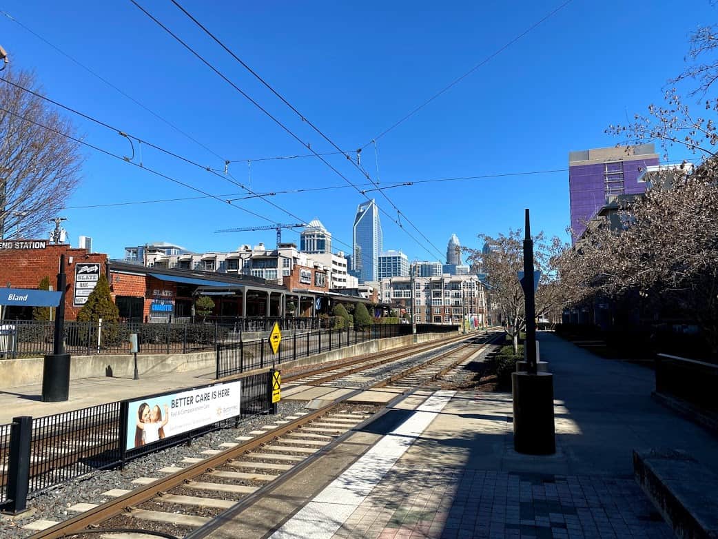 view of Charlotte skyline from Bland Street Station