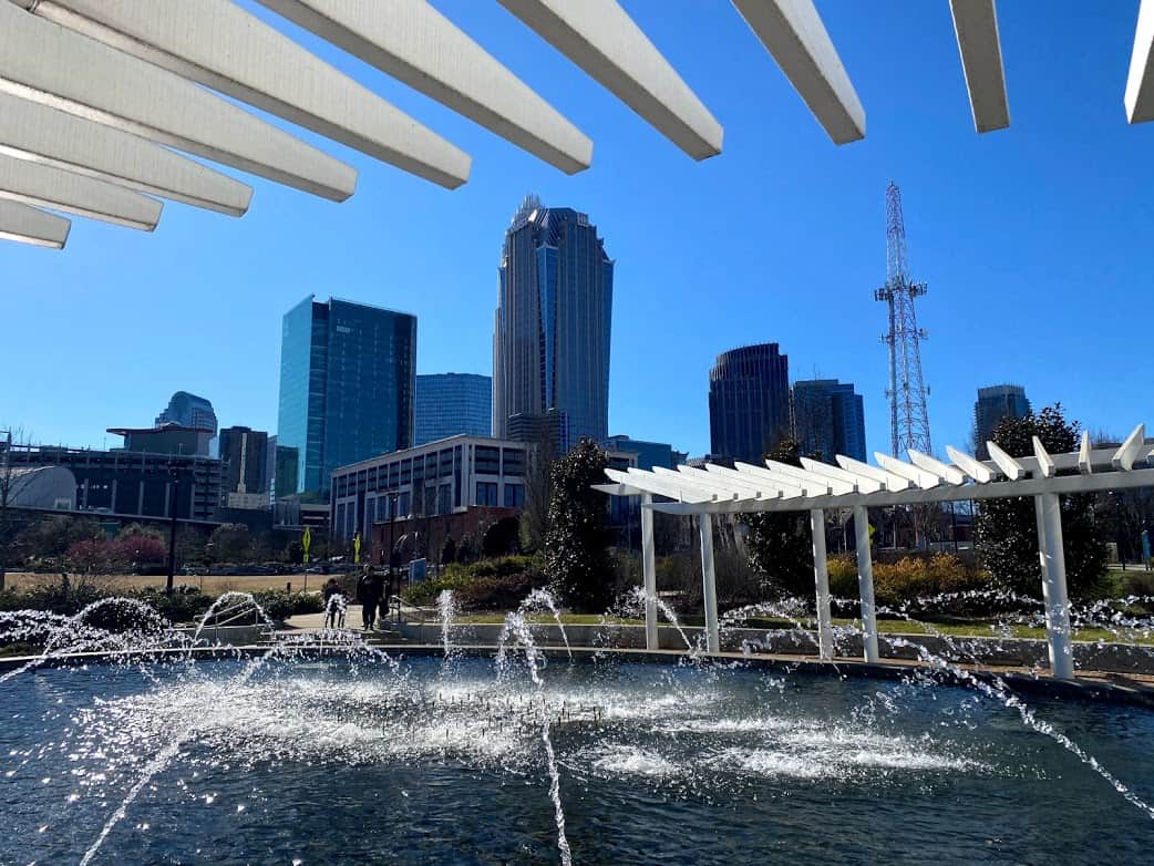 View of Charlotte skyline from First Ward Park