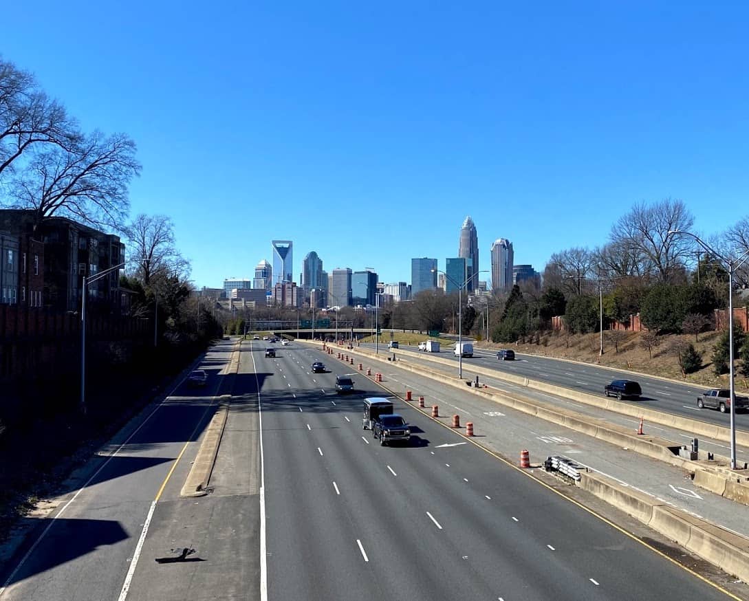 view of Charlotte skyline from Hawthorne Lane Bridge