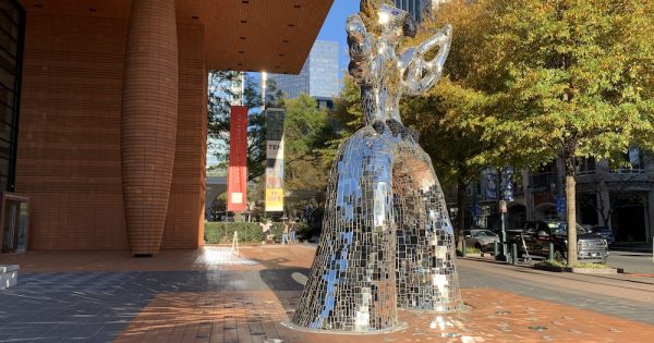 firebird sculpture outside bechtler museum in charlotte