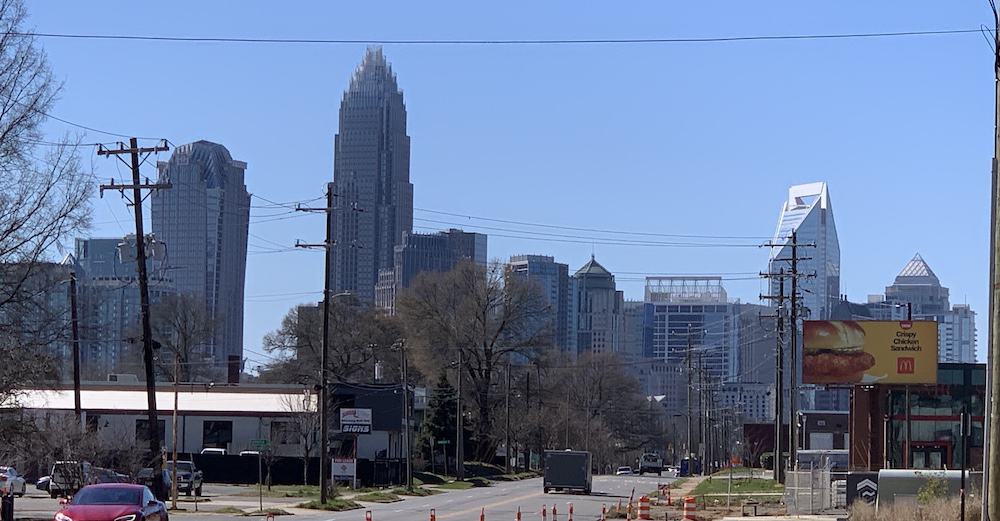View of Charlotte skyline from outside of Camp North End