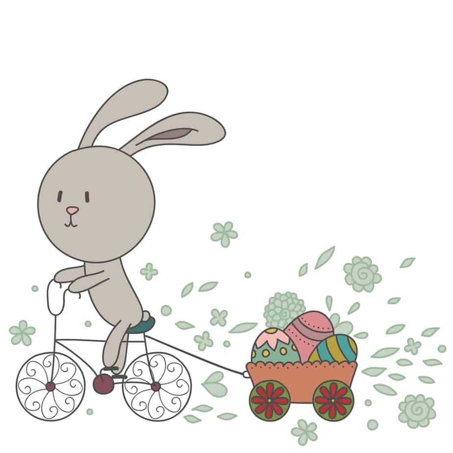 illustration of easter bunny riding bike pulling wagon of easter eggs