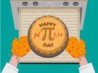 illustration of pie decorated with pi coming out of the oven for Pi Day