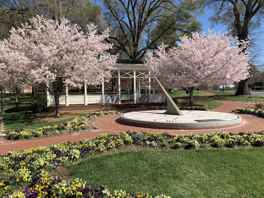 Veterans Park in Kannpolis with sundial and cherry blossoms