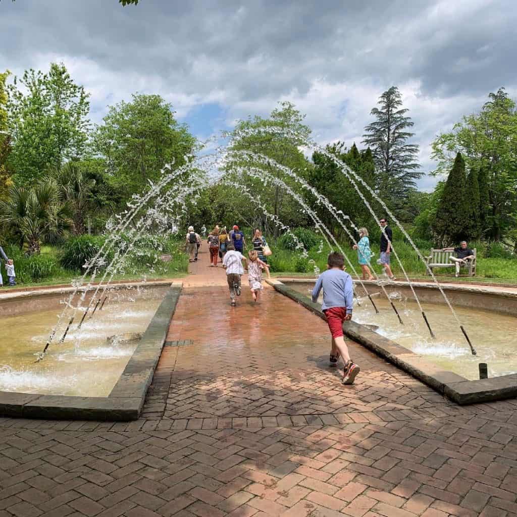 children running under fountain at Daniel Stowe Botanical Garden