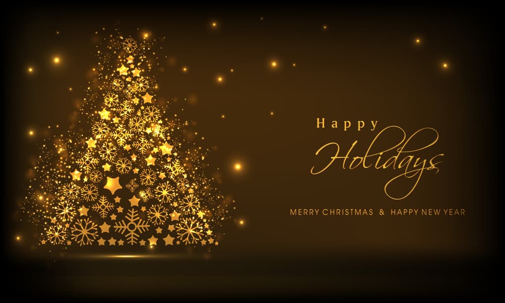 Abstract golden Christmas tree on a brown background with words Happy Holidays