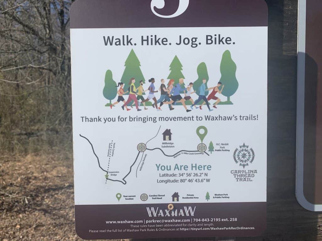 Close-up of sign as you enter the woods of 12 Mile Creek Greenway in Waxhaw