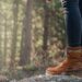 Close-up of hiking boots in a forest