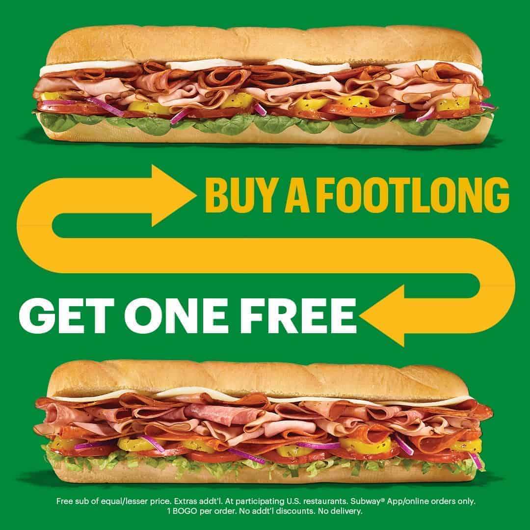 Subway buyonegetone free Footlong sub Charlotte On The Cheap