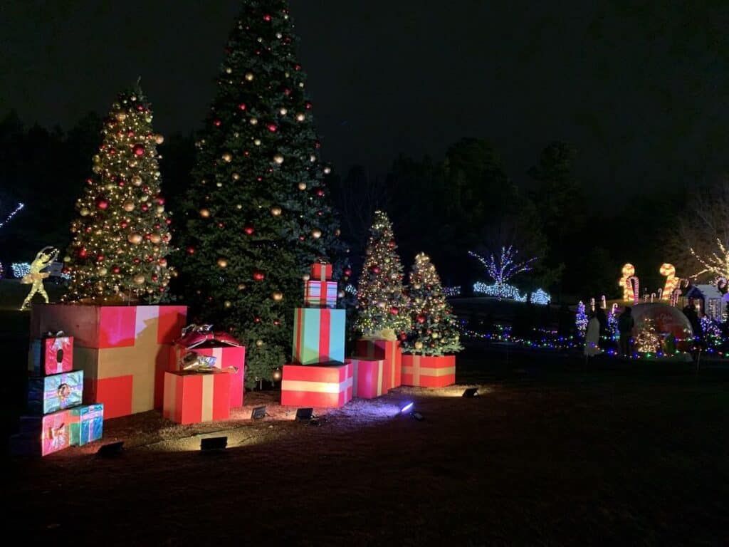 Christmas trees and presents at Christmas lights display