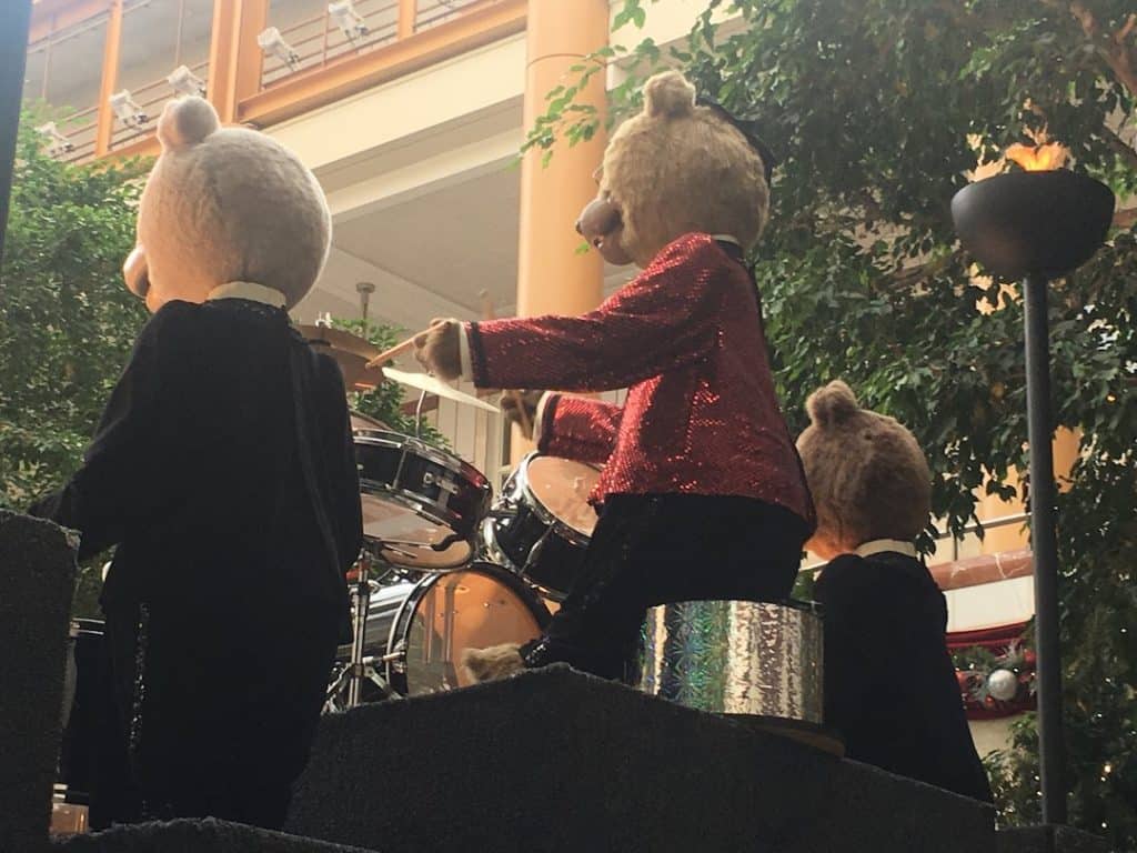 3 animatronic bears playing percussion in the Leonard Bearstein Symphony Orchestra