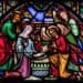 stained glass window depicting the nativity