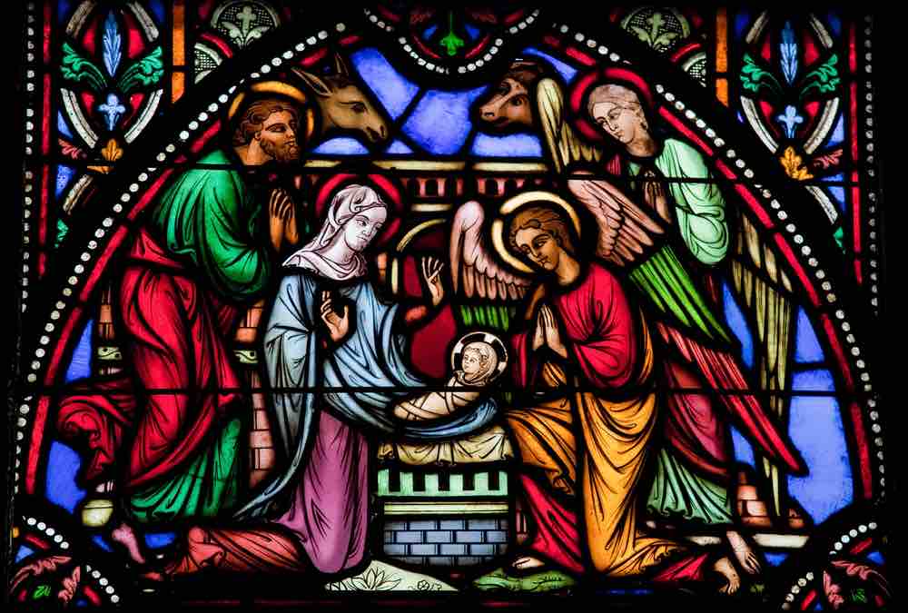 stained glass window depicting the nativity