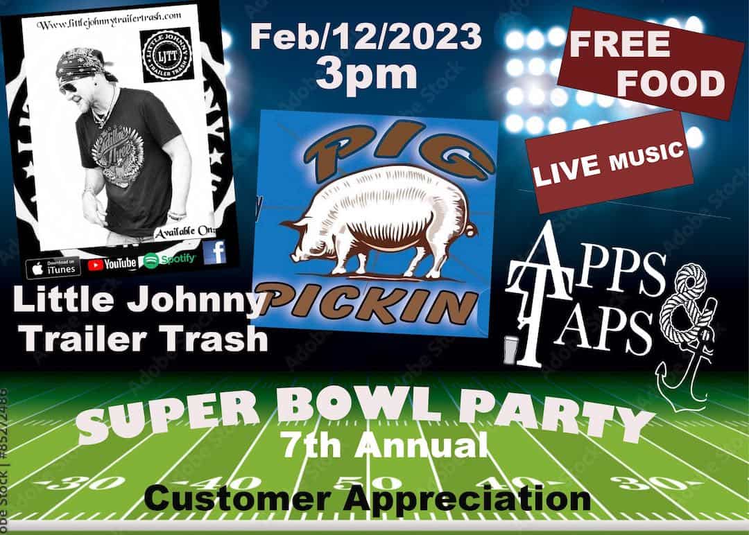 Super Bowl Party at Apps and Taps Mooresville - pig pickin, live music, more...