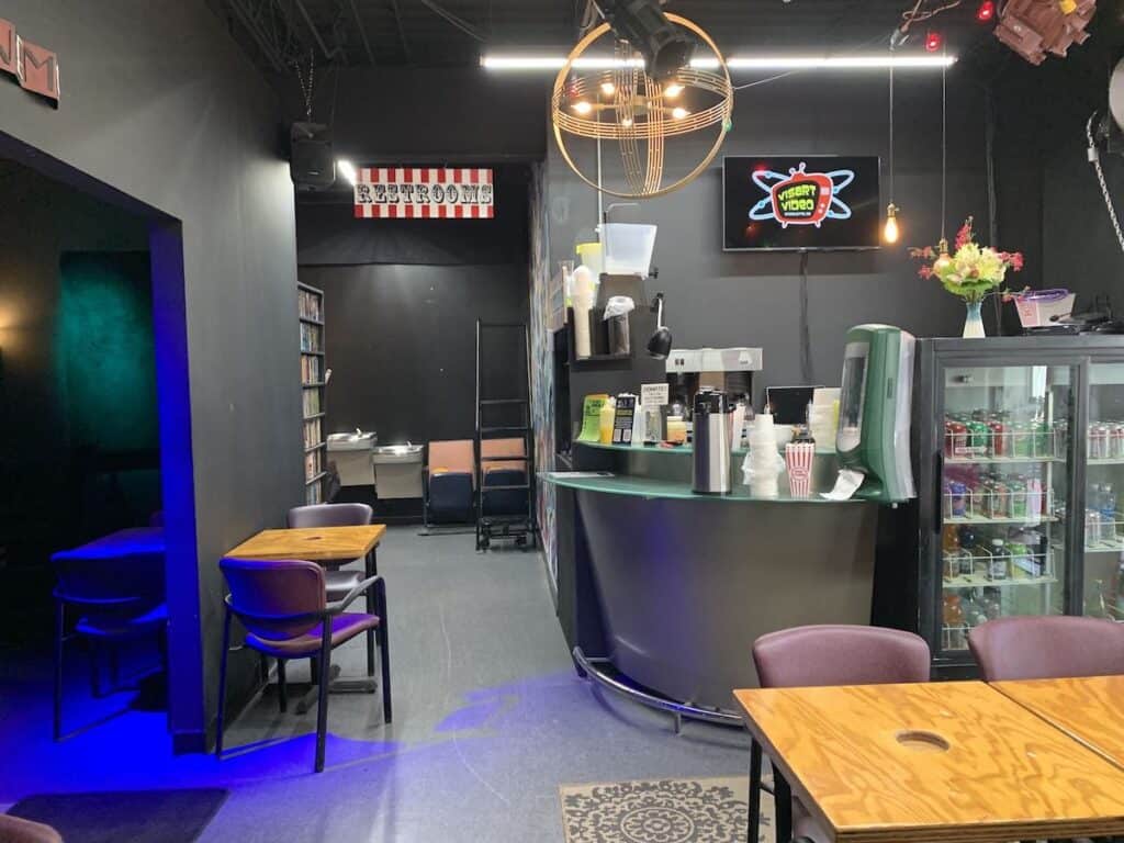 Concessions at VisArt Video. Sodas, coffee machine, tables, chairs.