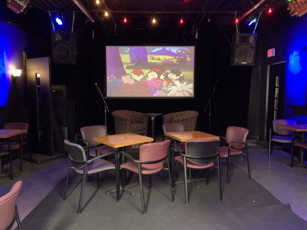 Micro Cinema at VisArt Video in Charlotte, NC. Cartoons on the screen and tables and chairs.