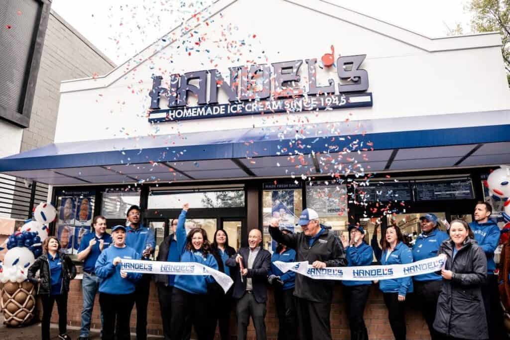 celebrating anniversary in front of Handel's