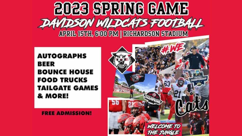 poster for Davidson College's spring football game. pictures of football players on a red background.