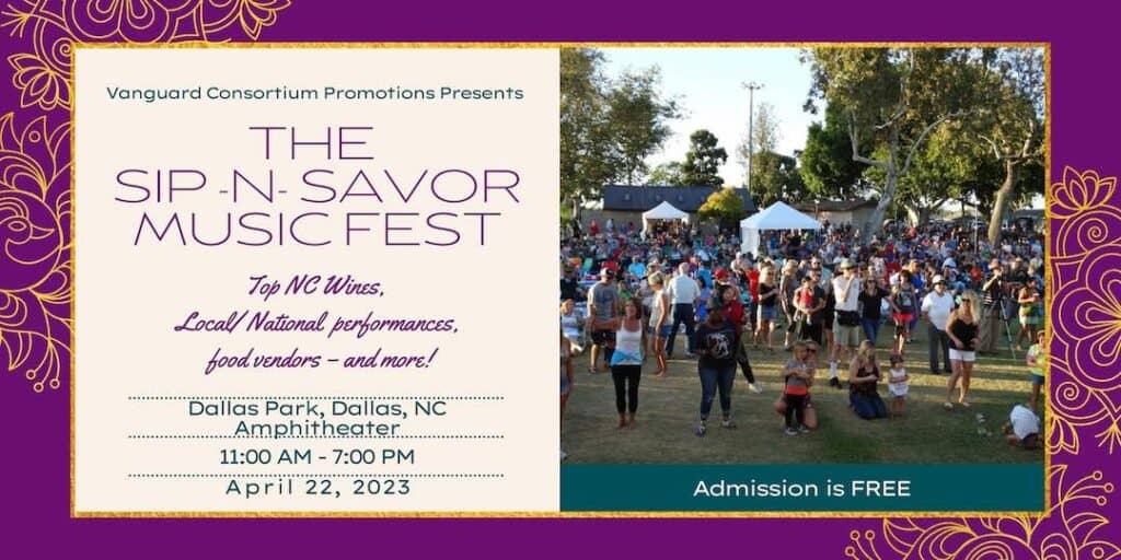 poster for sip-n-savor music festival in dallas nc with picture of crowd listening to music