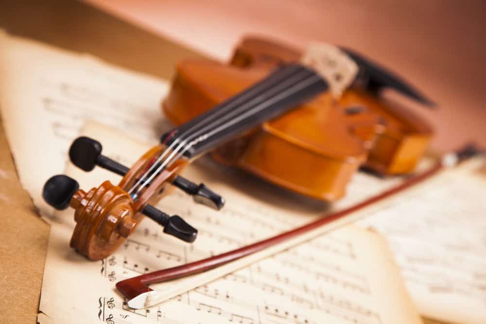 Violin and bow lying on sheet music