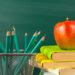 apple, books, pencils, chalkboard