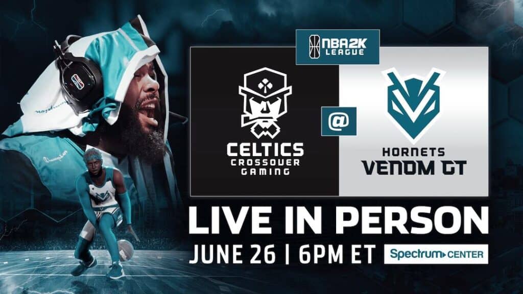 poster for Hornets Venom GT Celtics Crossover Gaming game June 26 at Spectrum Center