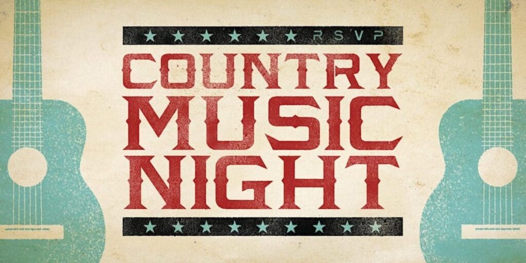 poster for country music night at RSVP. Image includes illustrations of two guitars