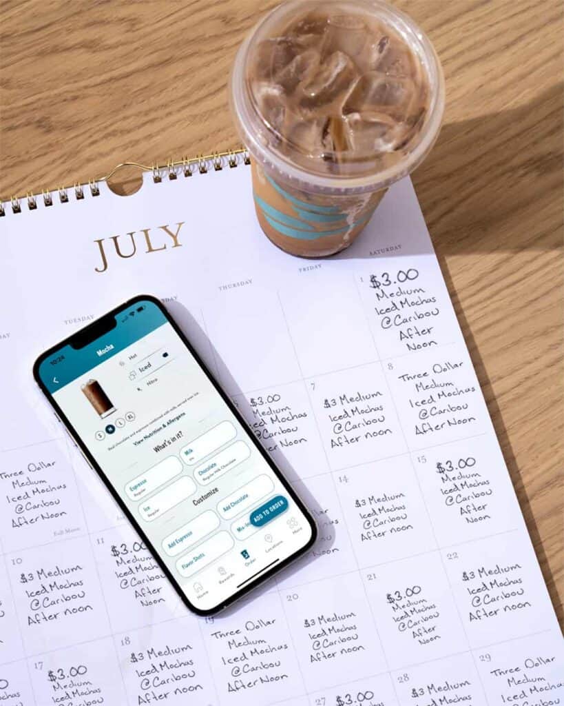 Caribou Coffee iced coffee placed on calendar