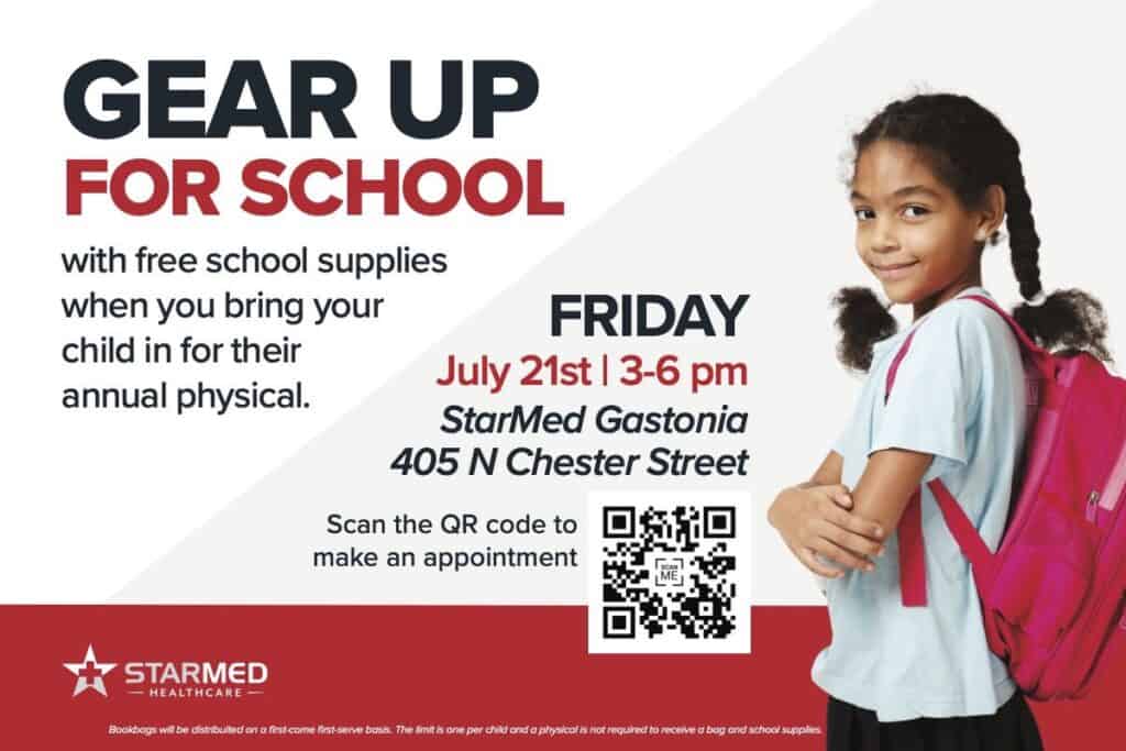 banner for StarMed Gastonia's back to school physical and school supply giveaway