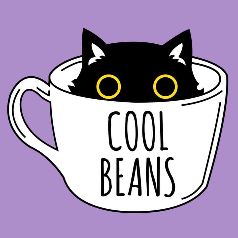 illustration of black cat in white coffee cup with words Cool Beans