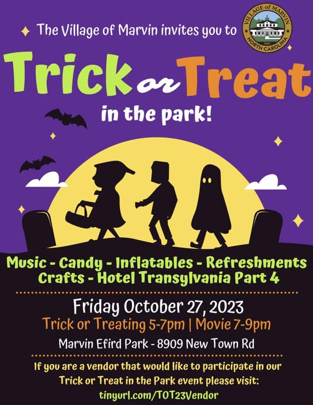 Trick or Treat in the park in Marvin inflatables, movie, crafts, more