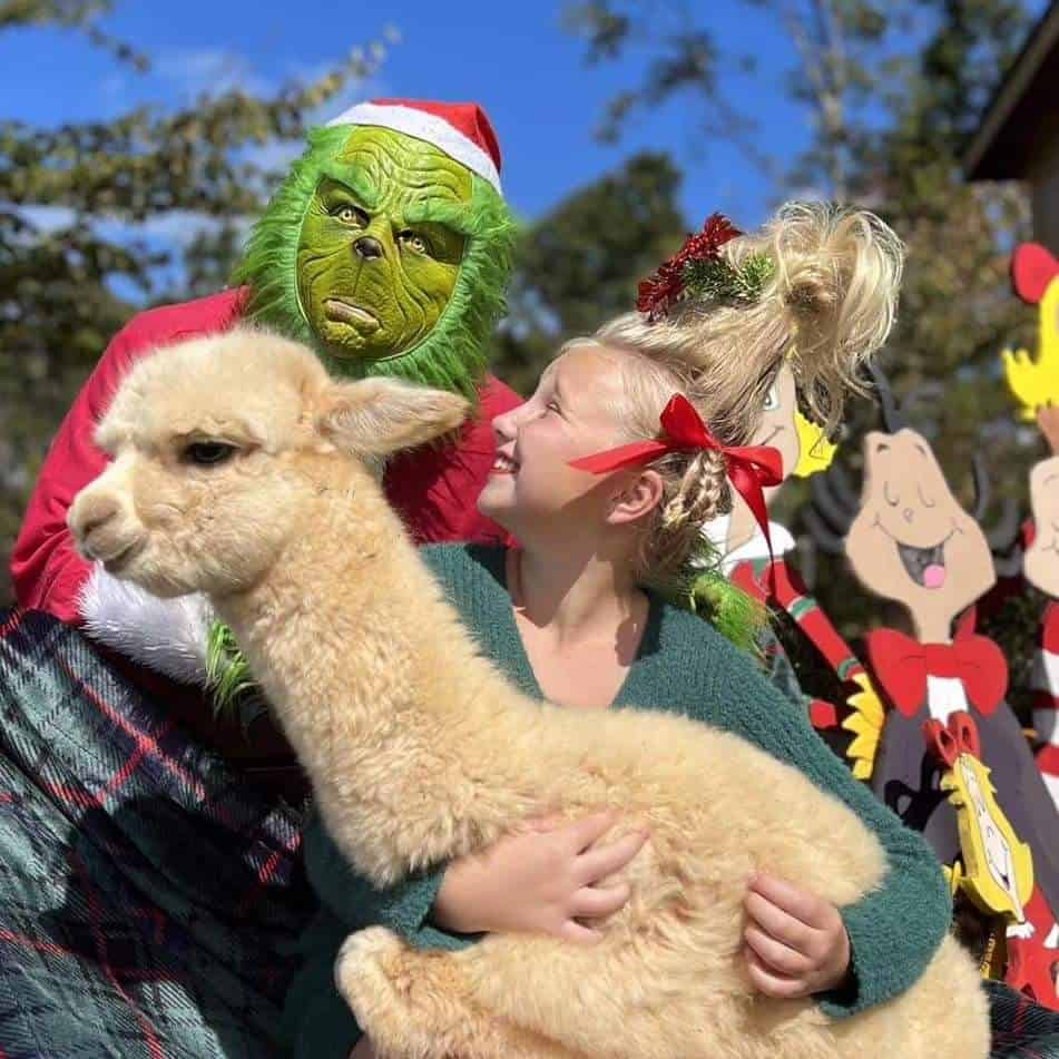 child holding alpaca, looking at the grinch