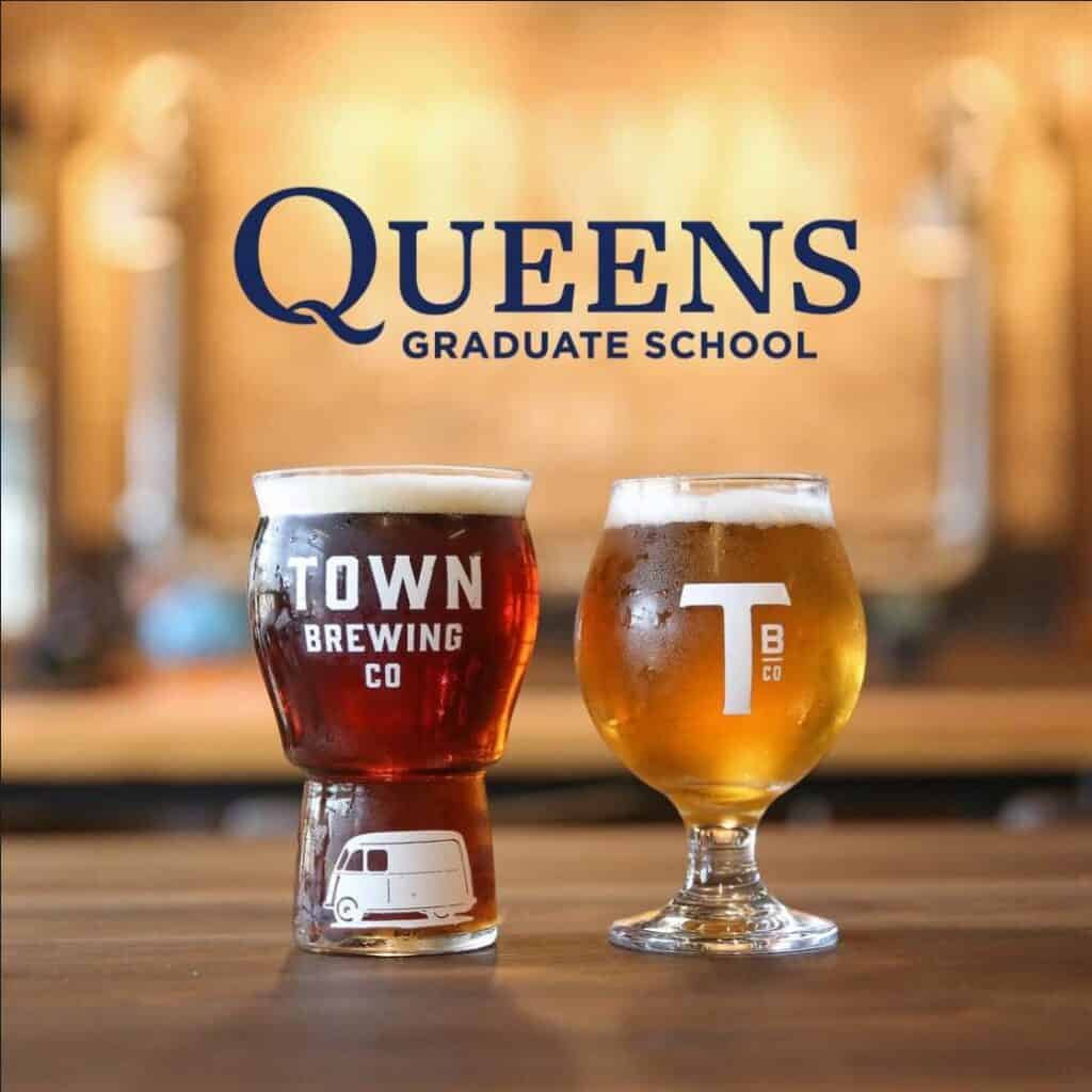 Two pints of Town Brewing beer with Queens University logo