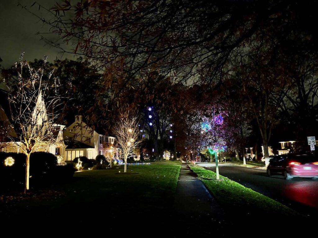 Hillside Avenue in Charlotte, decorated for Christmas with light balls