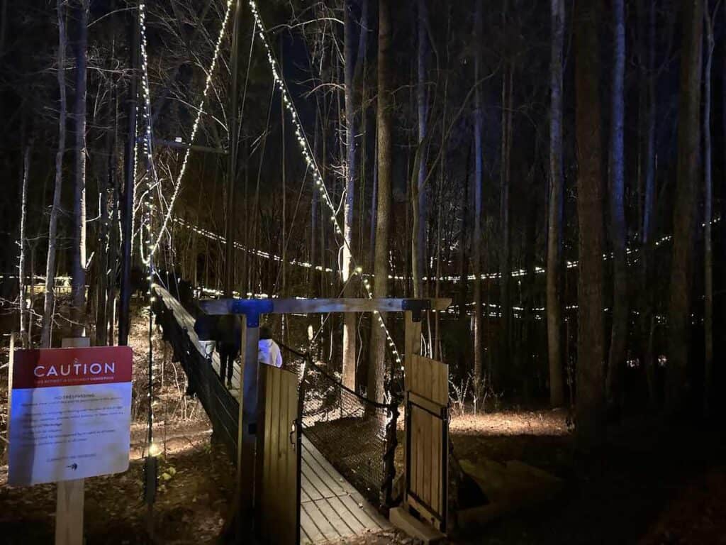 suspension bridge in Whitewater Center in Charlotte, at night