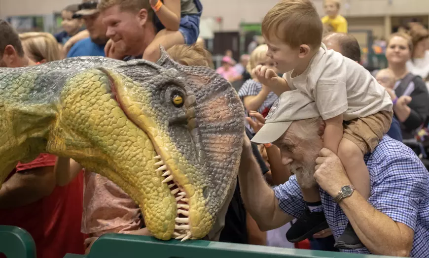child touching dinosaur