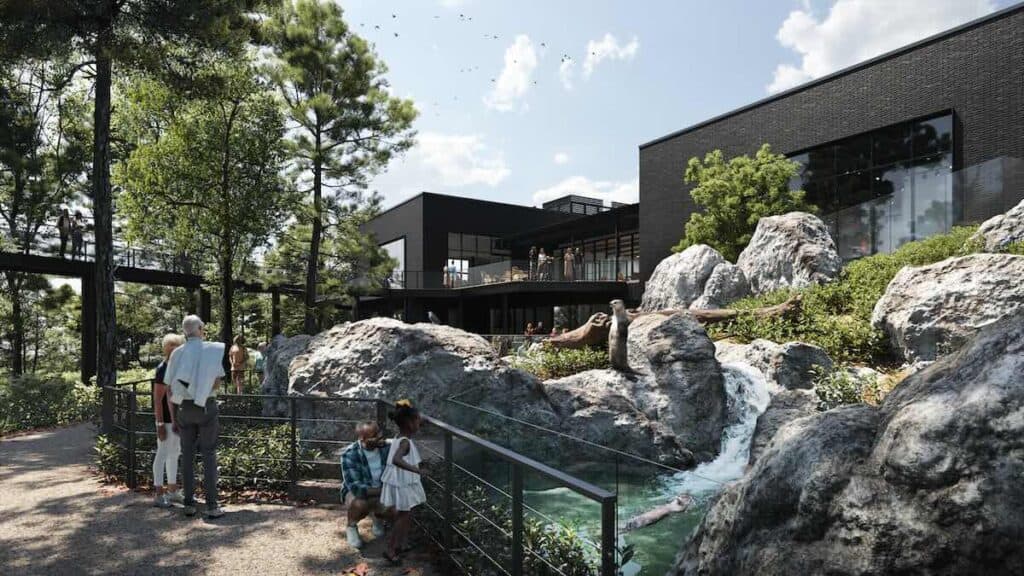Otters swimming and standing on rocks and water at outdoor exhibit. Design rendering.