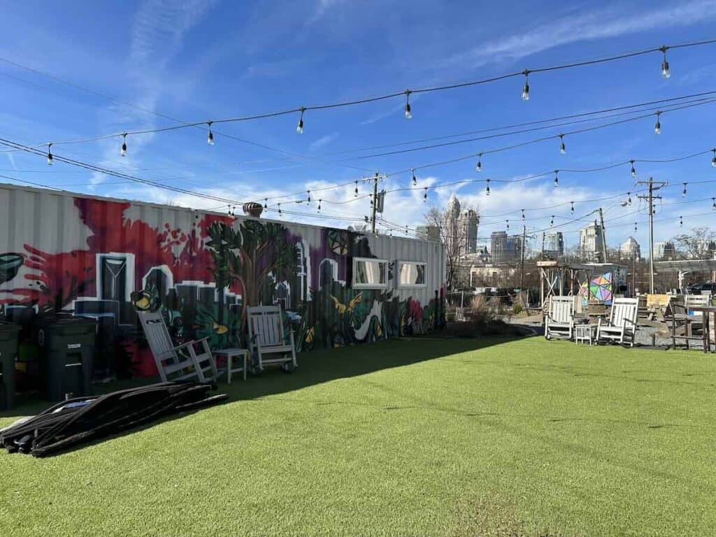 Decorated storage container with Charlotte's skyline in the background