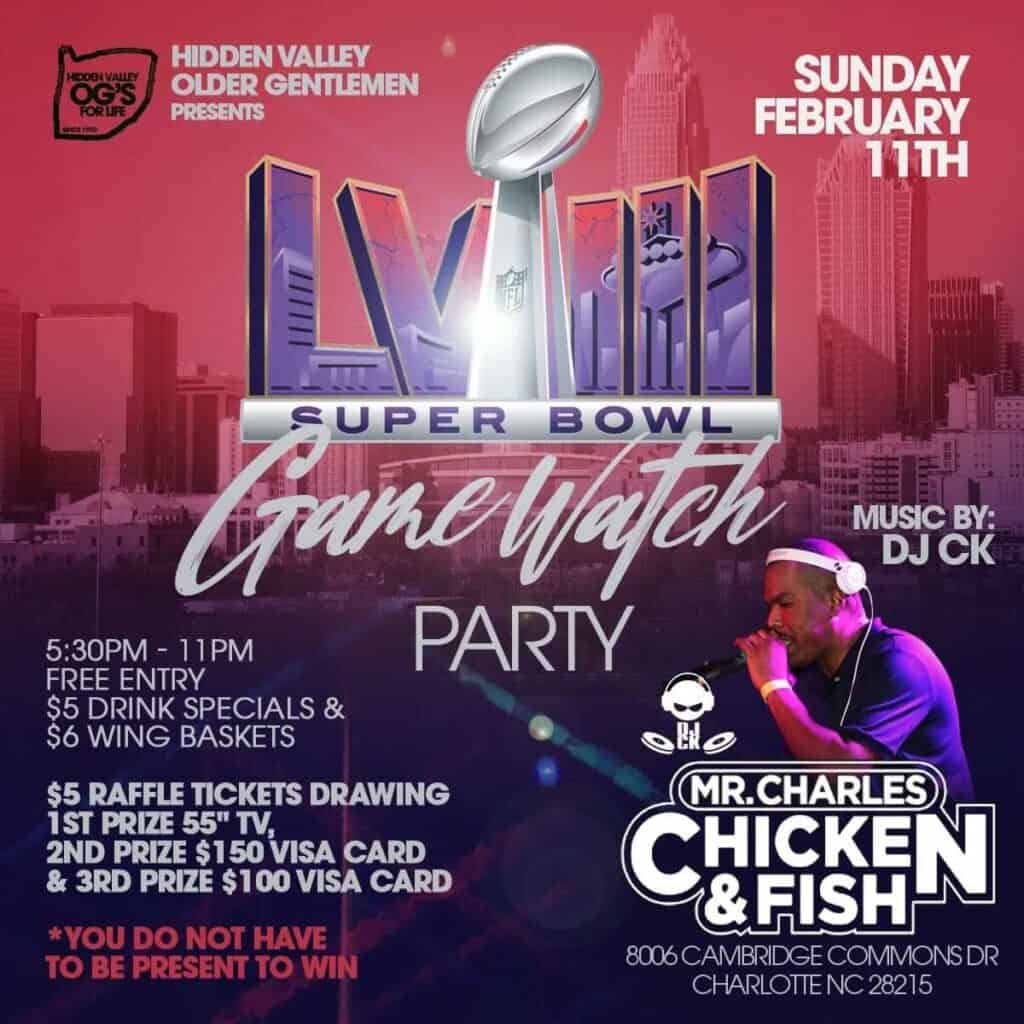 poster for Mr. Charles Chicken & Fish super bowl party