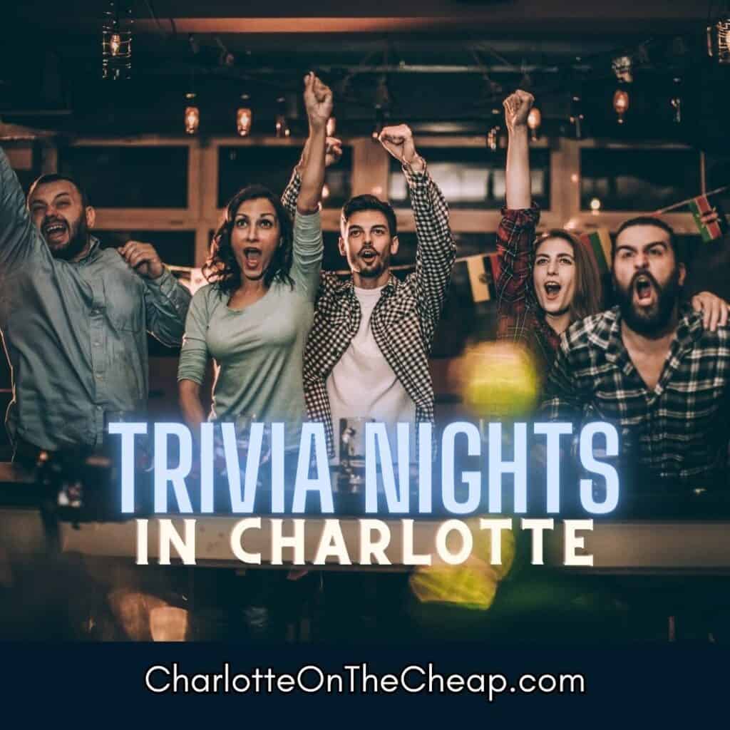 trivia contestants cheering, with words Trivia Nights in Charlotte