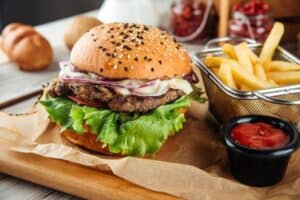 Classic american burger combo set with fries and ketchup
